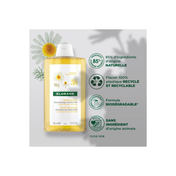 Klorane - Shampoing Reflets Blonds à la Camomille cheveux blonds à châtains - Éclaircissant 400 ml – Image 3