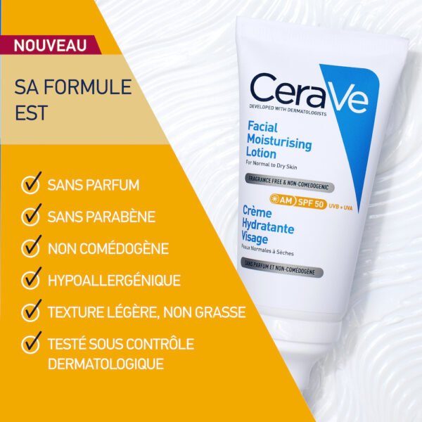 CeraVe Crème hydratante visage SPF50 Peaux Normales à Sèches 52ml = Miniature Offerte – Image 3