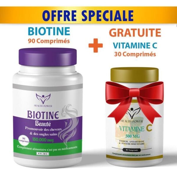 HEALTH POWER BIOTINE Beauté 90 Comprimés + Vitamine C 30 Comprimés OFFERT